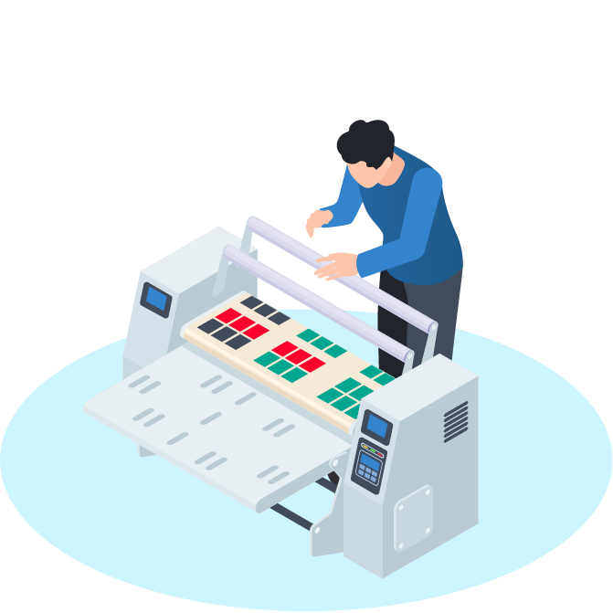 Isometric illustration of a technician inspecting label stock on a coating machine